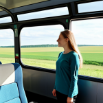 A professional solo female traveler, dressed in a modest, comfortable long-sleeved top and travel pants, fully clothed, appropriate attire, looking out the large window of a modern, clean Lithuanian long-distance bus. The bus interior is bright and features wide, comfortable seats. Through the window, the picturesque, green Lithuanian countryside with sprawling fields and distant forests unfolds under a clear daytime sky. The scene conveys a sense of peaceful exploration. Perfect anatomy, correct proportions, natural pose, well-formed hands, proper finger count, natural body proportions. Safe for work, appropriate content, family-friendly, high quality, professional photography, realistic.