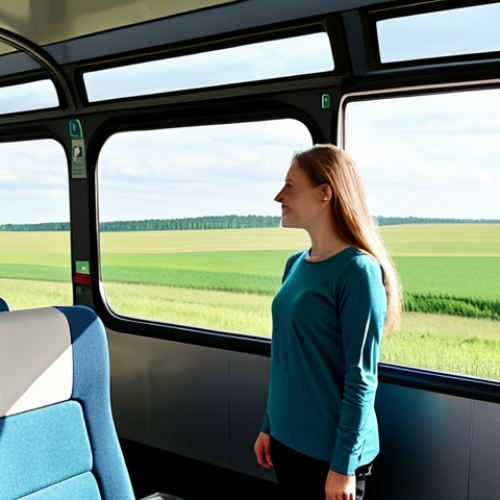Home 11 A professional solo female traveler, dressed in a modest, comfortable long-sleeved top and travel pants, fully clothed, appropriate attire, looking out the large window of a modern, clean Lithuanian long-distance bus. The bus interior is bright and features wide, comfortable seats. Through the window, the picturesque, green Lithuanian countryside with sprawling fields and distant forests unfolds under a clear daytime sky. The scene conveys a sense of peaceful exploration. Perfect anatomy, correct proportions, natural pose, well-formed hands, proper finger count, natural body proportions. Safe for work, appropriate content, family-friendly, high quality, professional photography, realistic.