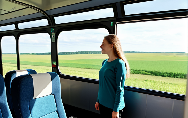 A professional solo female traveler, dressed in a modest, comfortable long-sleeved top and travel pants, fully clothed, appropriate attire, looking out the large window of a modern, clean Lithuanian long-distance bus. The bus interior is bright and features wide, comfortable seats. Through the window, the picturesque, green Lithuanian countryside with sprawling fields and distant forests unfolds under a clear daytime sky. The scene conveys a sense of peaceful exploration. Perfect anatomy, correct proportions, natural pose, well-formed hands, proper finger count, natural body proportions. Safe for work, appropriate content, family-friendly, high quality, professional photography, realistic.