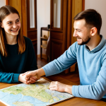 A professional young adult traveler in modest, comfortable travel attire, sitting at a wooden table in a cozy guesthouse living room in Vilnius. The traveler is respectfully engaging in conversation with a friendly local Lithuanian guesthouse owner, who is gesturing towards a hand-drawn map. The room features traditional decor accents. Soft, natural daylight illuminates the scene, creating a warm and inviting atmosphere. Perfect anatomy, correct proportions, natural pose, well-formed hands, proper finger count, natural body proportions, fully clothed, appropriate attire, safe for work, appropriate content, family-friendly, high-quality professional photography.
