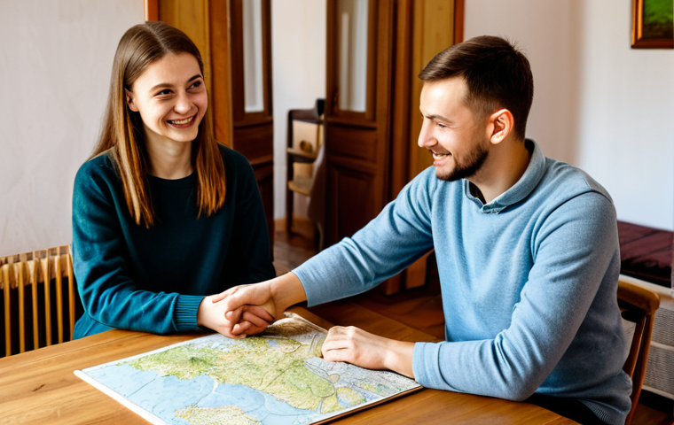 A professional young adult traveler in modest, comfortable travel attire, sitting at a wooden table in a cozy guesthouse living room in Vilnius. The traveler is respectfully engaging in conversation with a friendly local Lithuanian guesthouse owner, who is gesturing towards a hand-drawn map. The room features traditional decor accents. Soft, natural daylight illuminates the scene, creating a warm and inviting atmosphere. Perfect anatomy, correct proportions, natural pose, well-formed hands, proper finger count, natural body proportions, fully clothed, appropriate attire, safe for work, appropriate content, family-friendly, high-quality professional photography.
